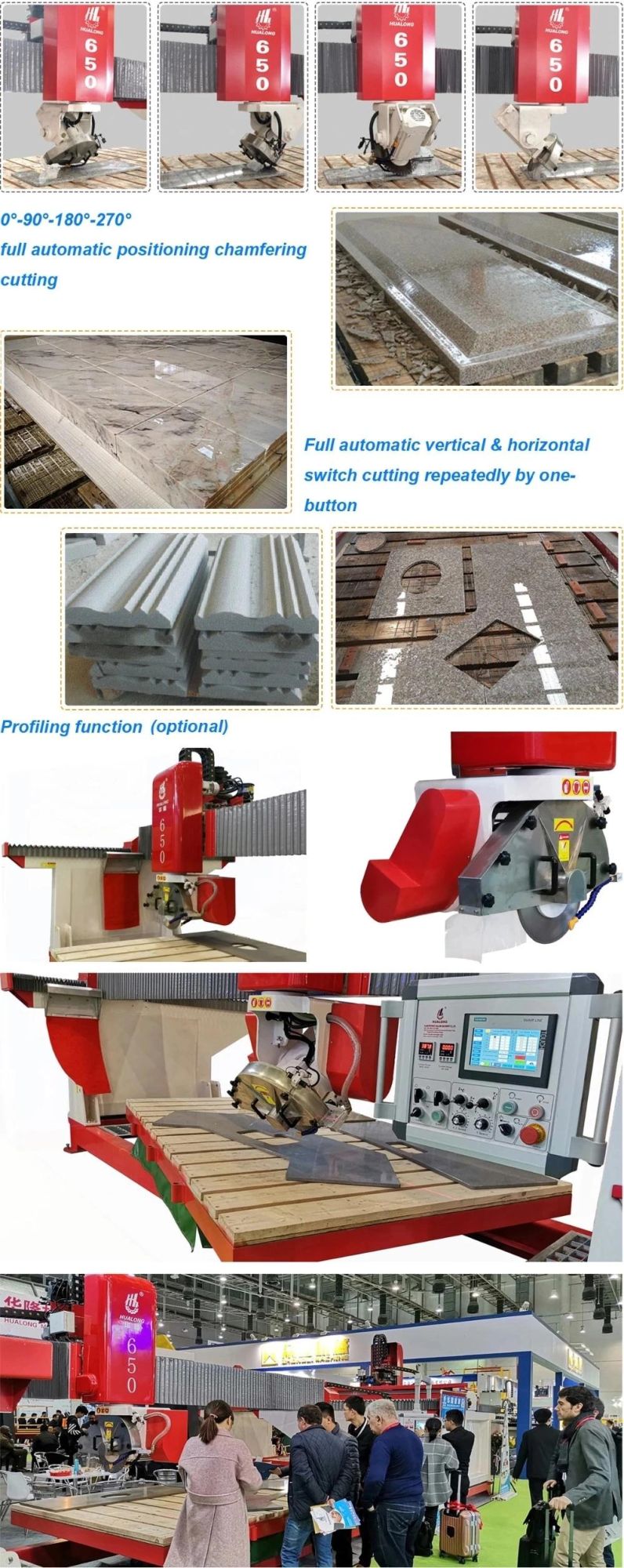 Hualong Infrared Stone Machinery Bridge Saw Laser Stone Tile Cutter Cutting Machine for Marble Granite Quartz Kitchen Countertop Siemens PLC