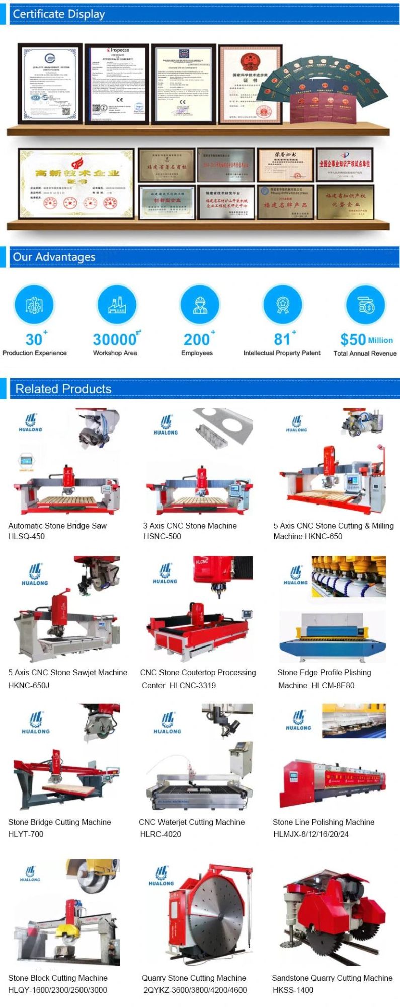 Hualong Stone Machinery Infrared Bridge Saw Laser Stone Tile Cutter CNC Cutting Machine for Marble, Granite, Quartz Kitchen Countertop Making