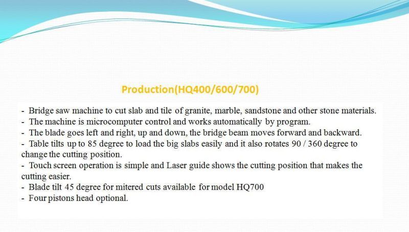 CNC Machine/ Bridge Saw Cutting Machine for Granite Marble Quartz Countertop (Hq400/600/700)