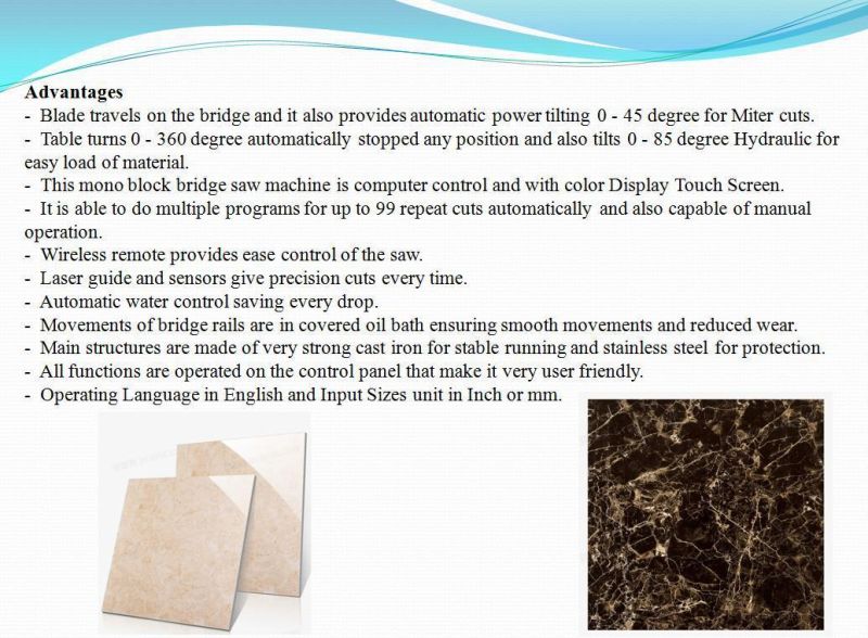 Stone Cutting and Profiling Bridge Saw Machine Fits All Stone Kitchen Countertops (XZQQ625A)